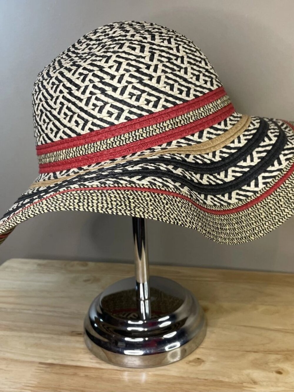 Women's Woven Straw Floppy Sun Hat Adjustable Tribal Geometric Wide Brim Boho - Picture 2 of 6